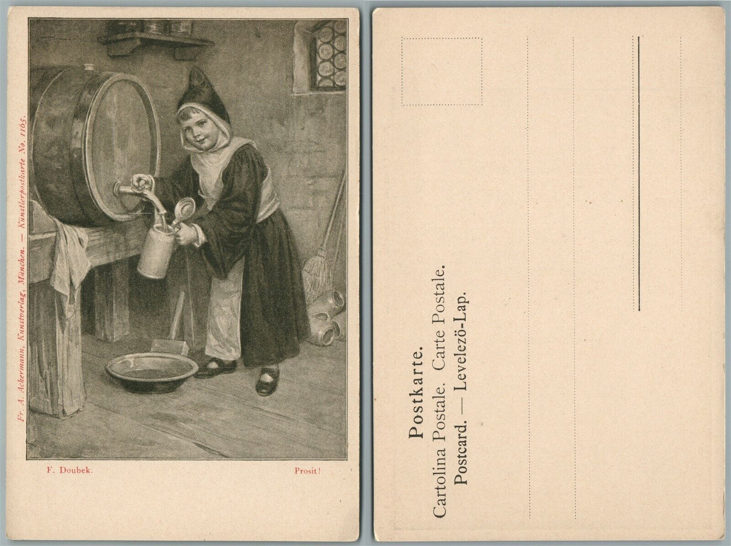 LITTLE BOY AT WINE BARREL w/ STEIN ANTIQUE POSTCARD ARTIST SIGNED F.DOUBEK