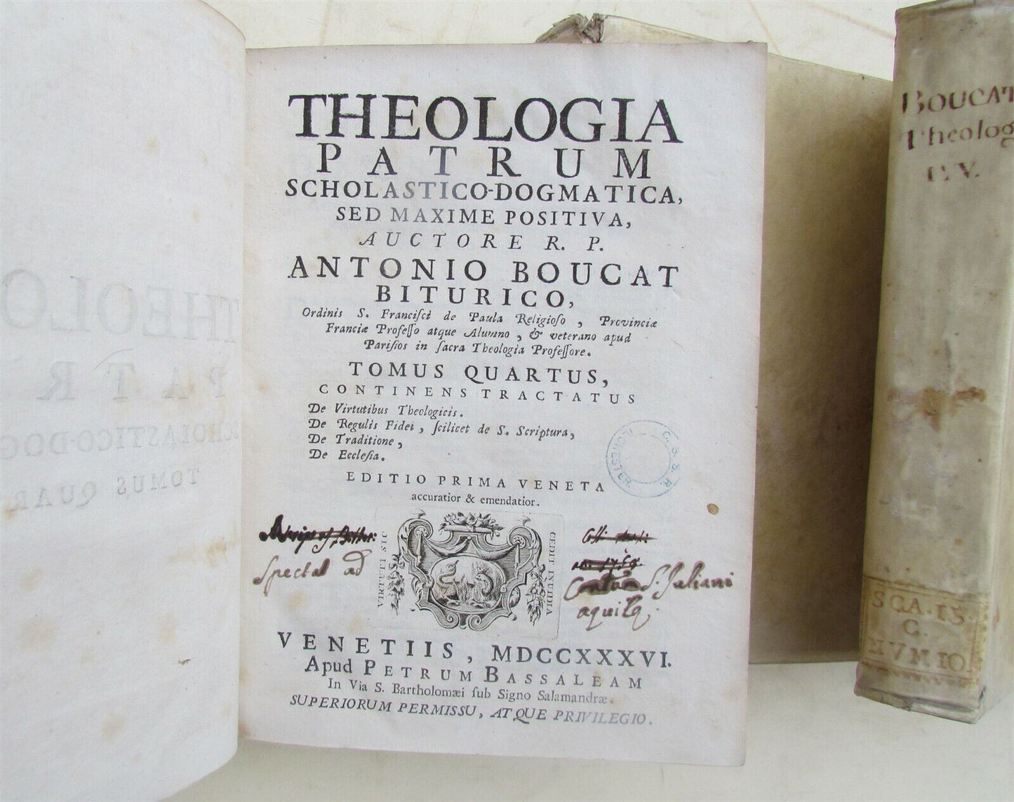 1736 VELLUM BINDING 7 VOLUMES LOT THEOLOGIA PATRUM by ANTONIO BOUCAT ANTIQUE