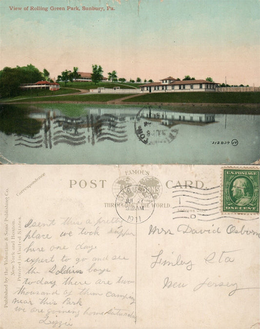 SUNBURY PA ROLLING GREEN PARK 1911 ANTIQUE POSTCARD