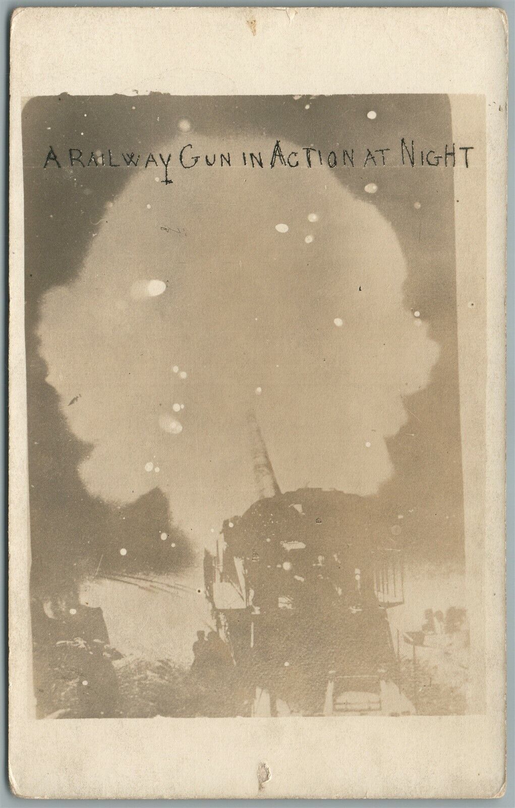 RAILWAY GUN IN ACTION AT NIGHT ANTIQUE REAL PHOTO POSTCARD RPPC