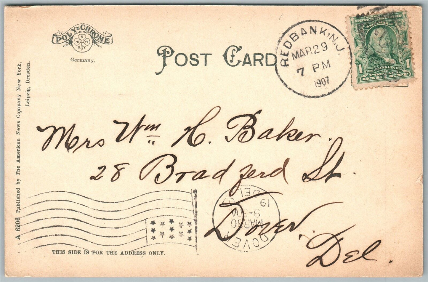 RED BANK NJ UPPER BROAD STREET ST.JAMES CHURCH 1907 UNDIVIDED ANTIQUE POSTCARD