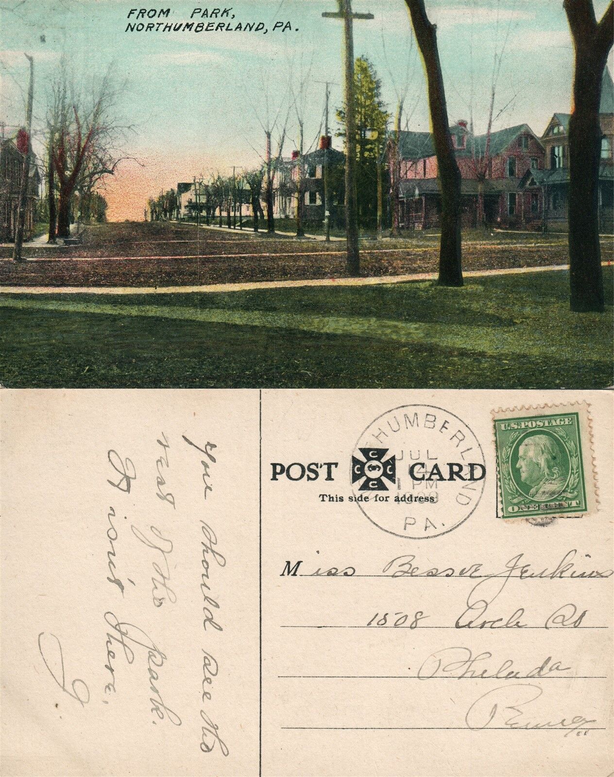 NORTHUMBERLAND PA FROM PARK 1909 ANTIQUE POSTCARD