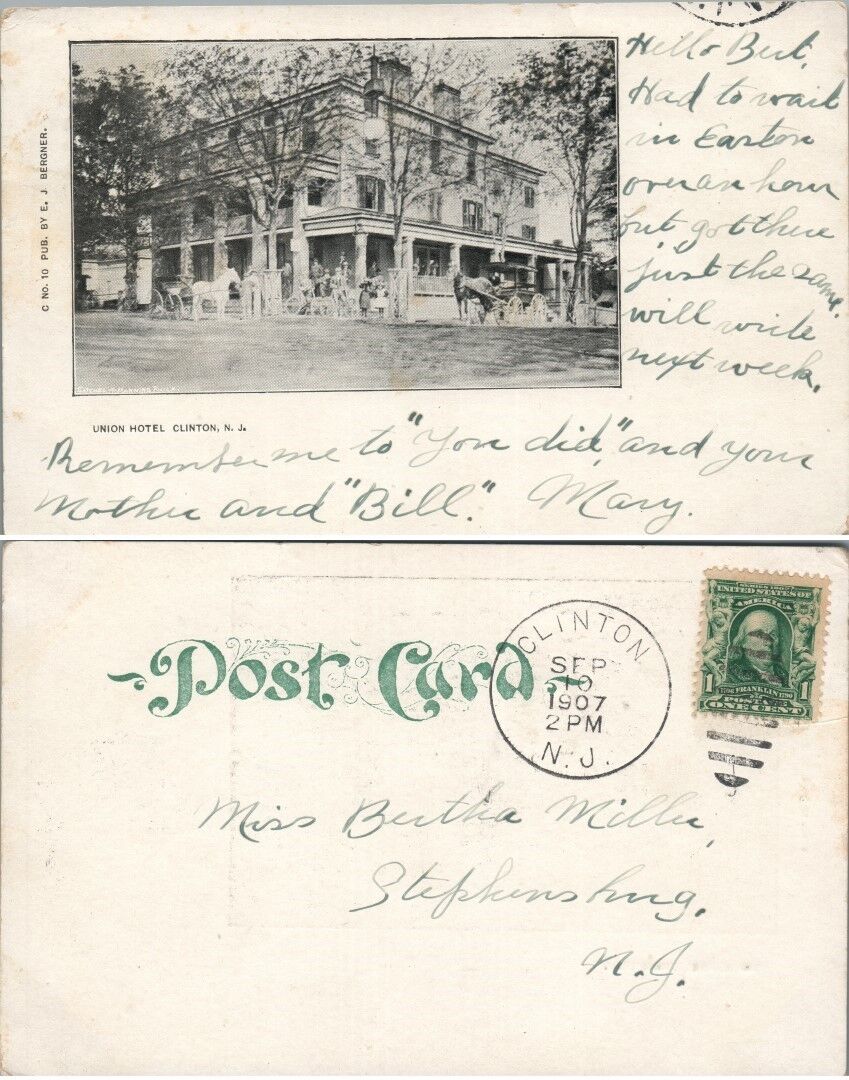VINTAGE POSTCARD UNION HOTEL CLINTON N.J.