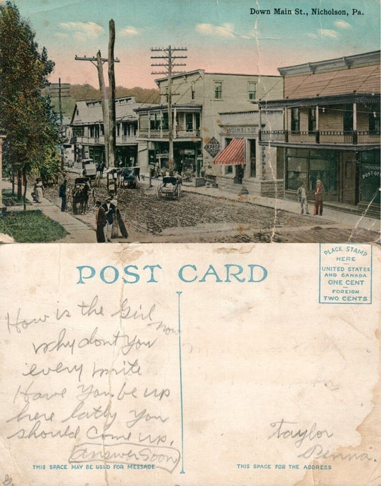 NICHOLSON PA DOWN MAIN STREET ANTIQUE POSTCARD