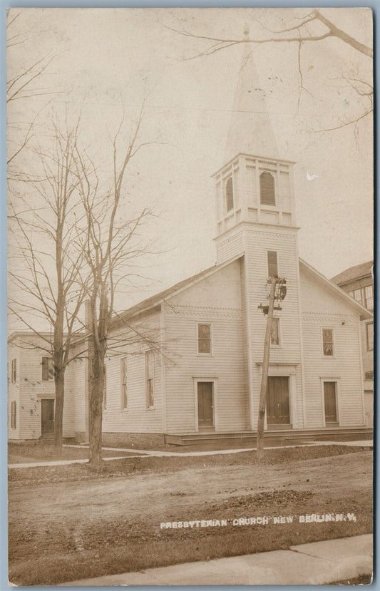 NEW BERLIN NY PRESBYTERIAN CHURCH 1910 ANTIQUE REAL PHOTO POSTCARD RPPC CORK