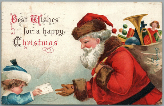 SANTA BEST WISHES FOR A HAPPY CHRISTMAS ANTIQUE POSTCARD