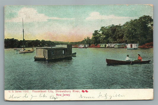 SHREWSBURY RIVER NJ HOUSEBOAT CITY ANTIQUE POSTCARD