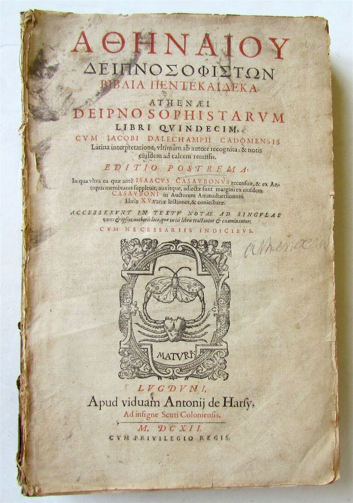 1612 DEIPNOSOPHISTAE GREEK LATIN antique FOLIO Banquet of Learned COOKBOOK RARE