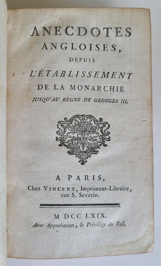 1769 ANECDOTES ANGLOISES antique FRENCH HISTORY of ENGLAND