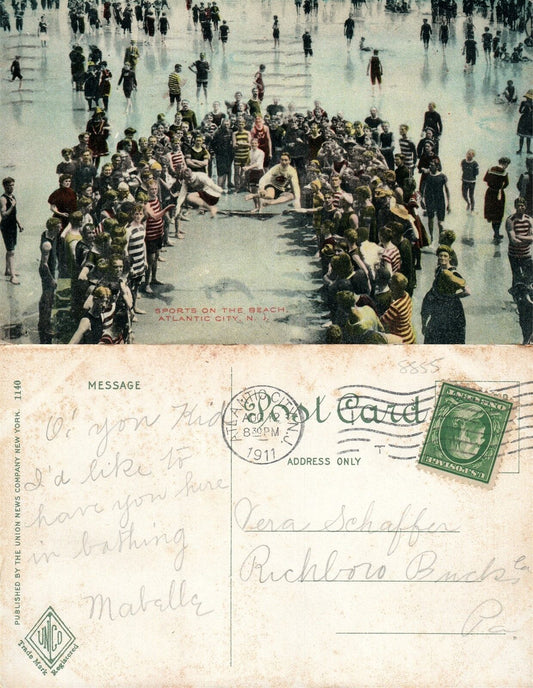 ATLANTIC CITY N.J. SPORTS ON THE BEACH 1911 ANTIQUE POSTCARD