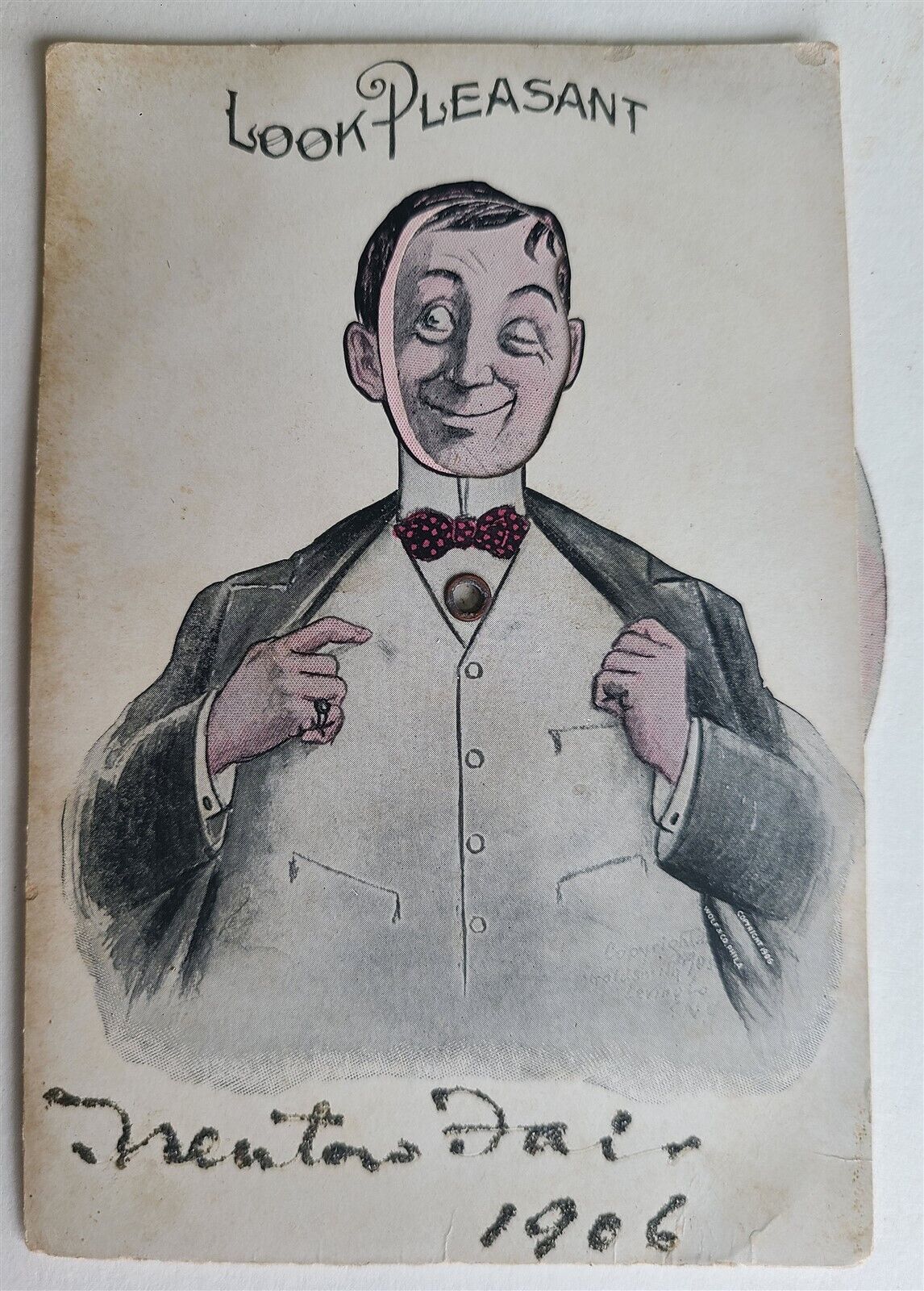 MAN w/ SPINNING CHANGING FACES ANTIQUE POSTCARD 1906