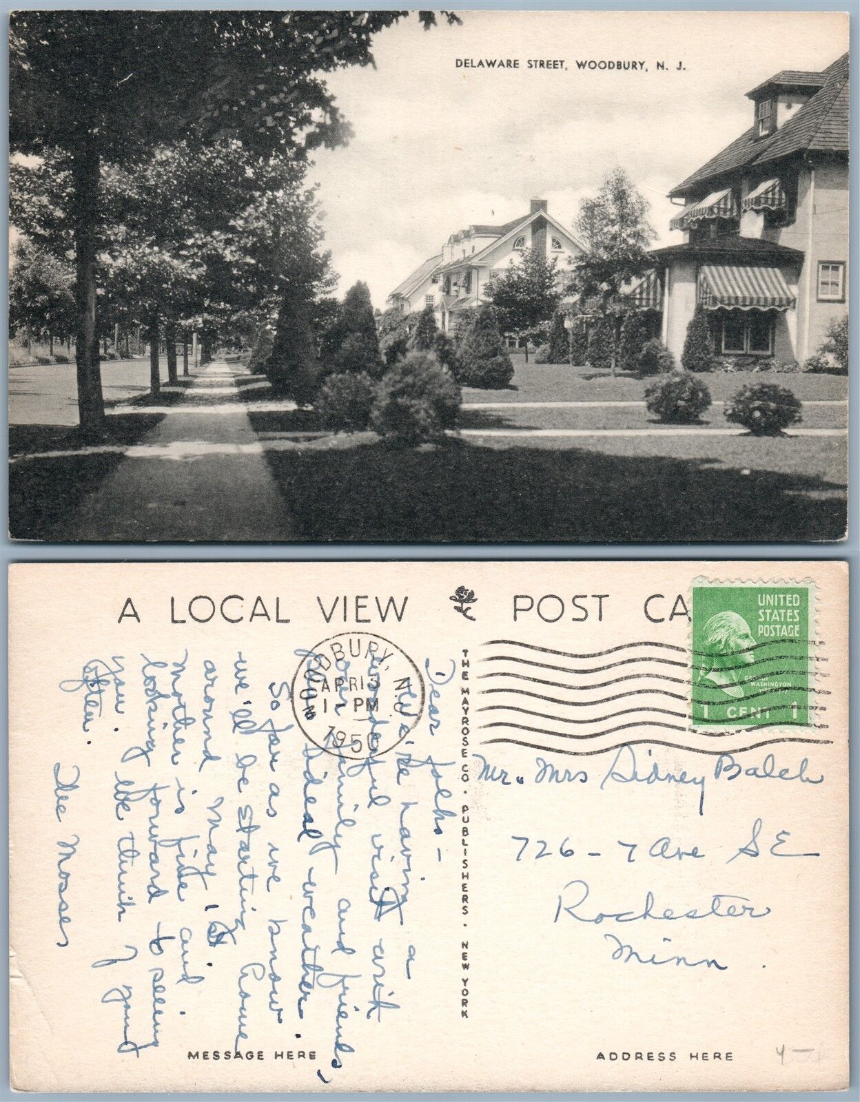 WOODBURY N.J. DELAWARE STREET 1950 VINTAGE POSTCARD