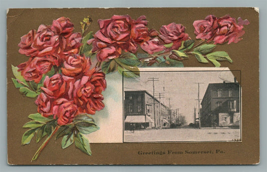 SOMERSET PA GREETINGS w/ STREET SCENE ANTIQUE POSTCARD