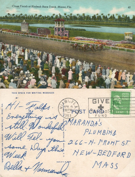 MIAMI FL HIALEAH RACE PARK 1951 VINTAGE POSTCARD