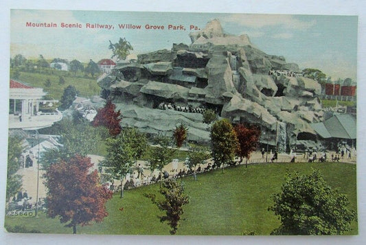 VINTAGE POSTCARD MOUNTAIN SCENIC RAILWAY WILLOW GROVE PARK PA railroad train