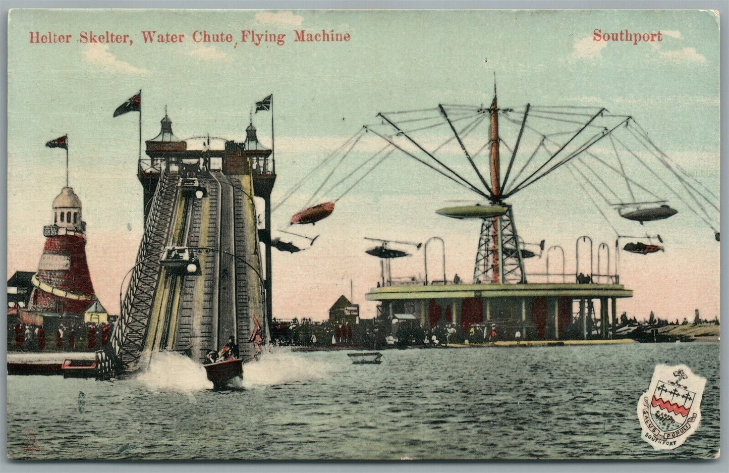 ENGLAND SOUTHPORT HELTER-SKELTER WATER CHUTE FLYING MACHINE ANTIQUE POSTCARD