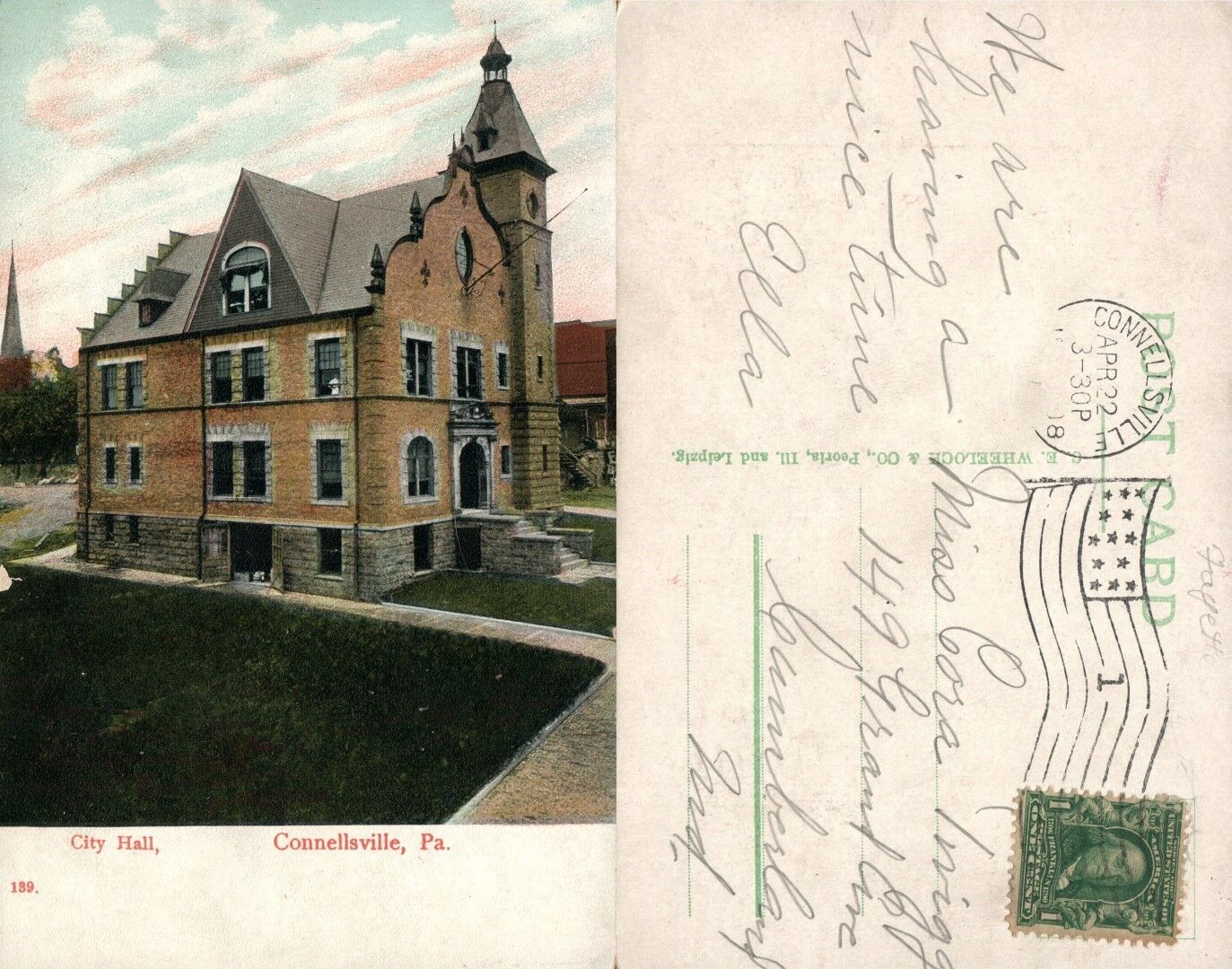 CONNELSVILLE PA CITY HALL 1908 ANTIQUE POSTCARD