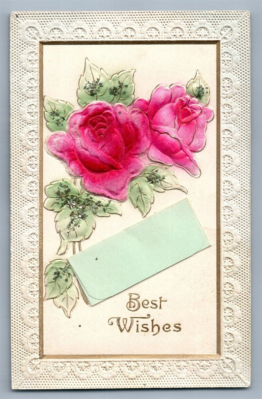 BEST WISHES EMBOSSED ANTIQUE POSTCARD w/ MINIATURE ENVELOPE