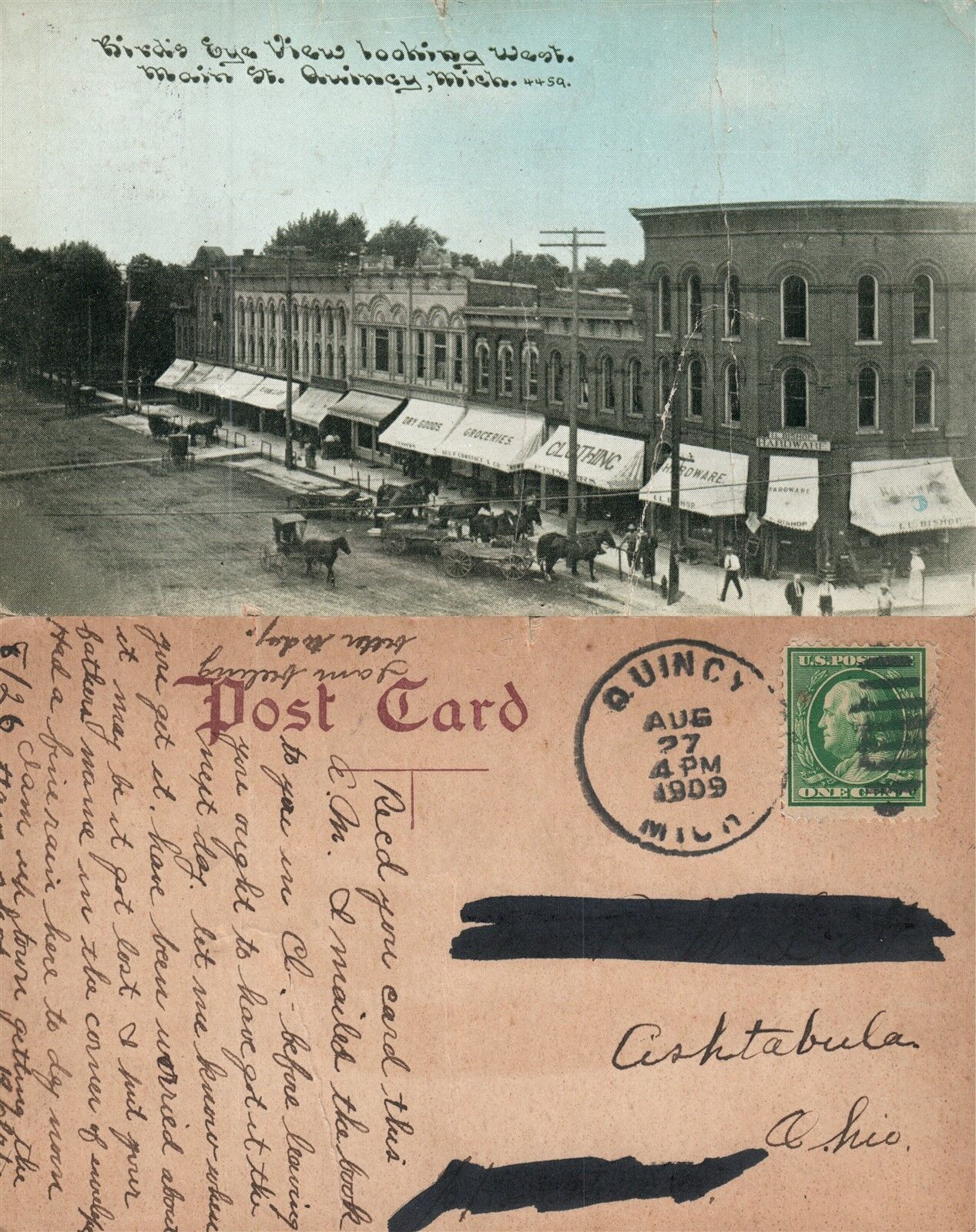 QUINCY MI MAIN STREET 1909 ANTIQUE POSTCARD STORE SIGNS CORK CANCEL