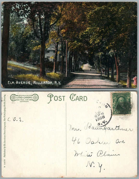 MILLERTON N.Y. ELM AVENUE 1908 ANTIQUE POSTCARD