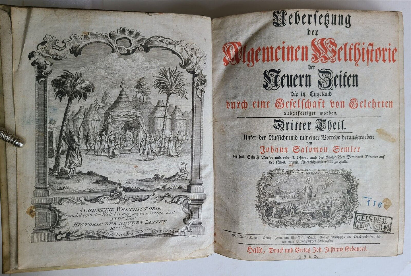 1760 WORLDS HISTORY in GERMAN antique ILLUSTRATED w/ CENTRAL ASIA MAP vellum