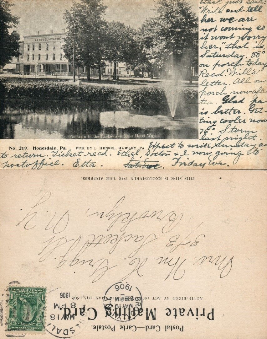 HONESDALE PA HOTEL WAYNE 1906 UNDIVIDED ANTIQUE PRIVATE MAILING CARD POSTCARD
