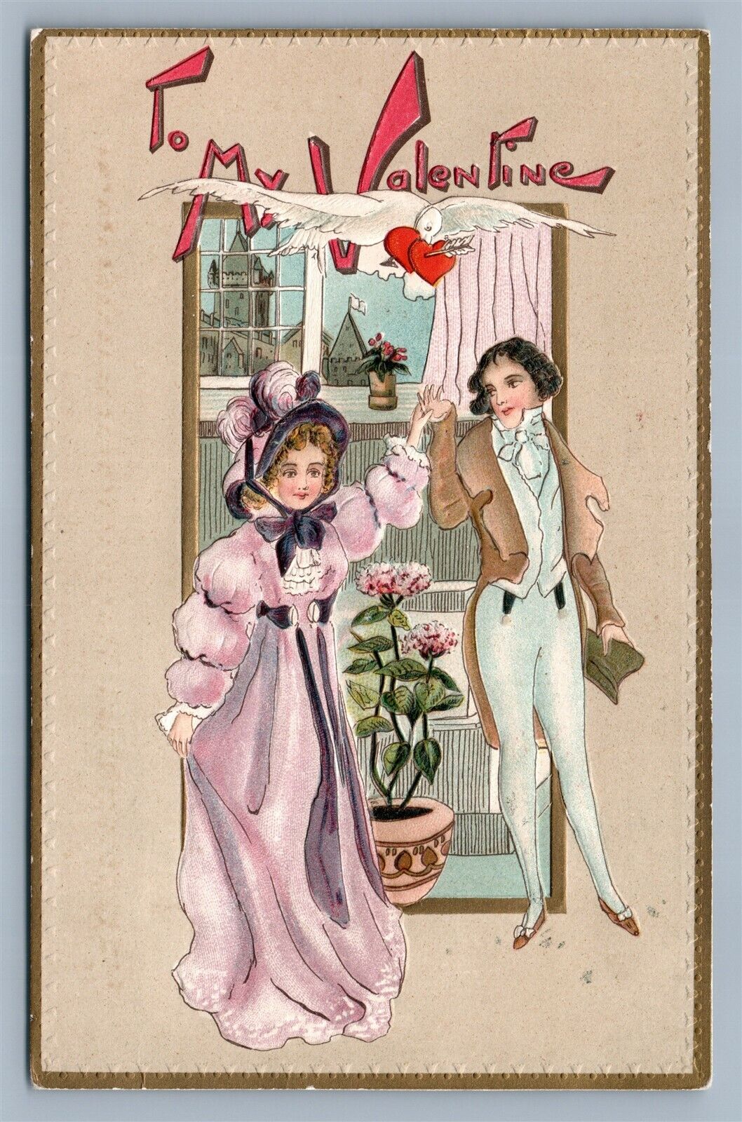 VALENTINE EMBOSSED ANTIQUE POSTCARD GLAMOUR COUPLE