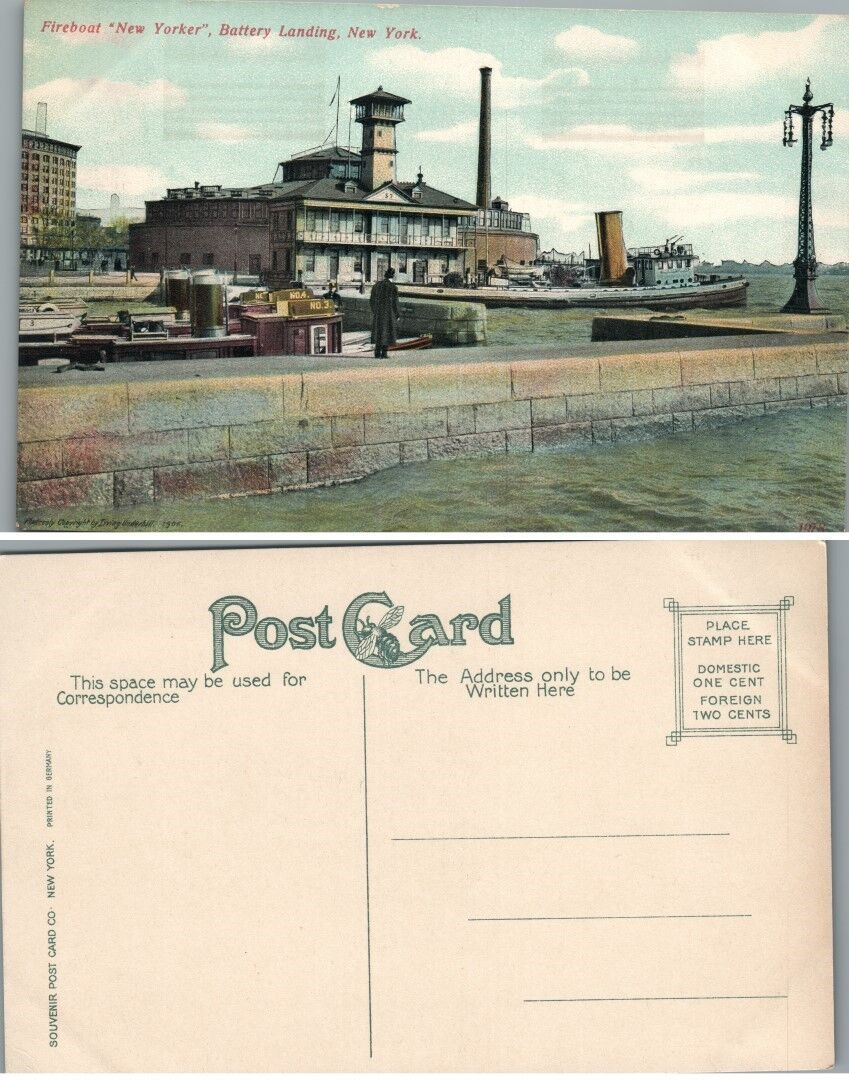ANTIQUE POSTCARD - FIREBOAT NEW YORKER BATTERY LANDING N.Y.