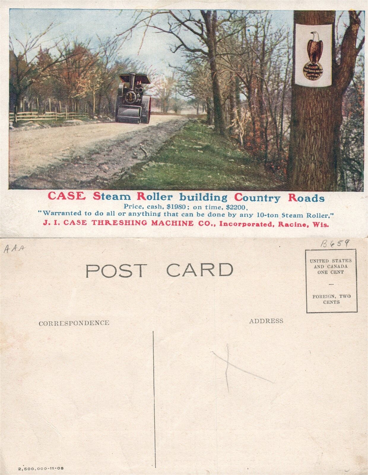 RACINE WI CASE STEAM ROLLER BUILDING COUNTRY ROADS ANTIQUE ADVERTISING POSTCARD