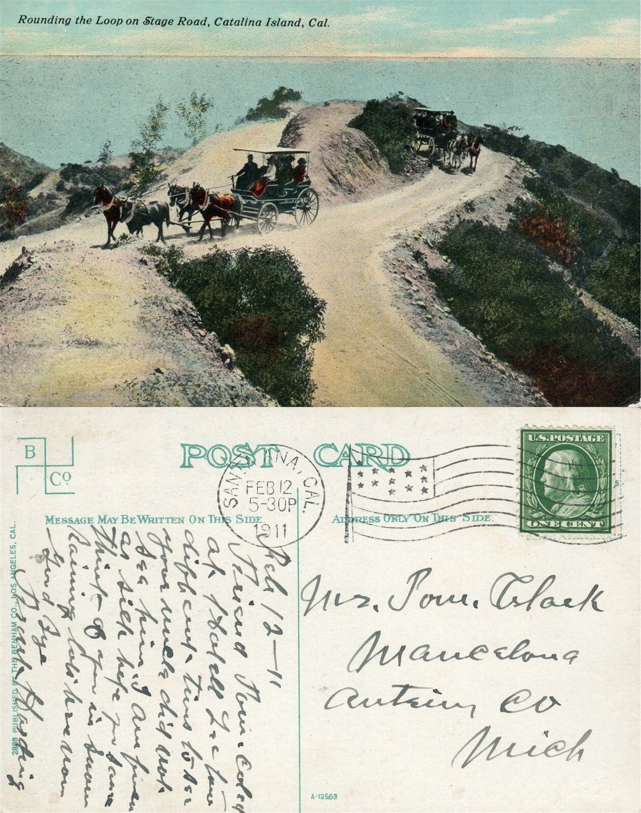 CATALINA ISLAND CA STAGE ROAD 1911 ANTIQUE POSTCARD