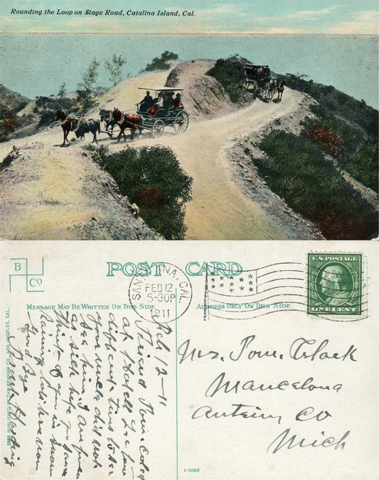 CATALINA ISLAND CA STAGE ROAD 1911 ANTIQUE POSTCARD