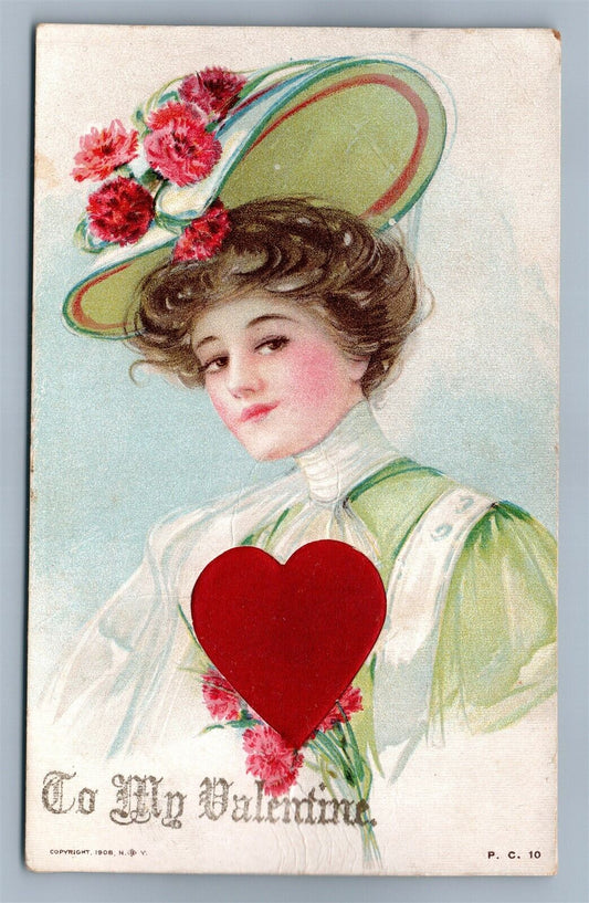 VALENTINE 1908 ANTIQUE POSTCARD w/ SILK HEART