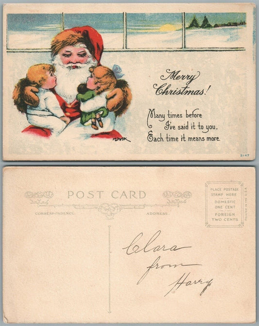 MERRY CHRISTMAS SANTA w/ BOY & GIRL w/ DOLL ANTIQUE POSTCARD