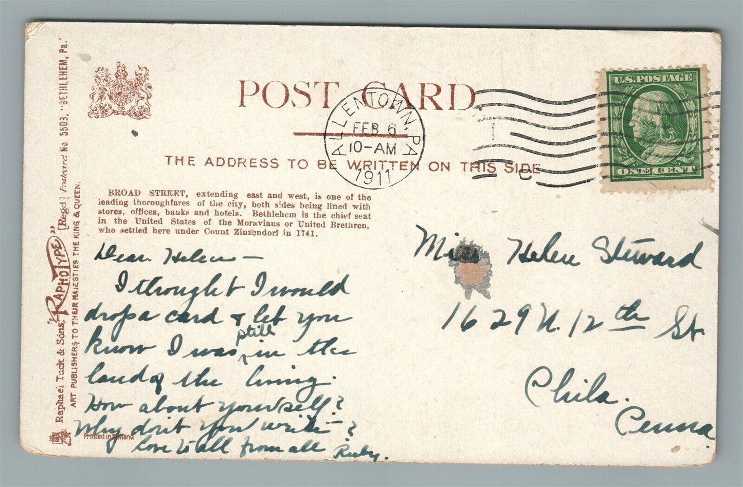 BETHLEHEM PA BROAD STREET ANTIQUE POSTCARD