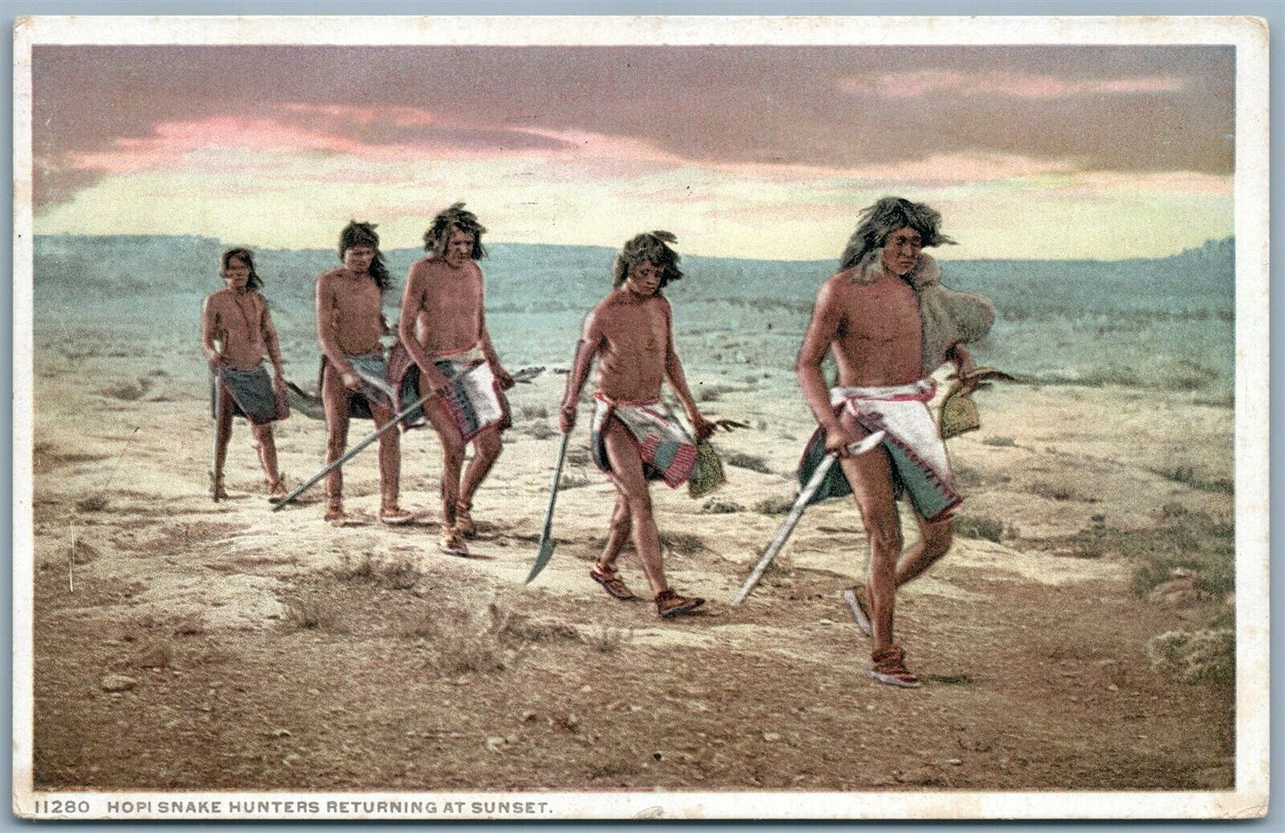 HOPI INDIAN SNAKE HUNTERS RETURNING AT SUNSET 1916 ANTIQUE POSTCARD