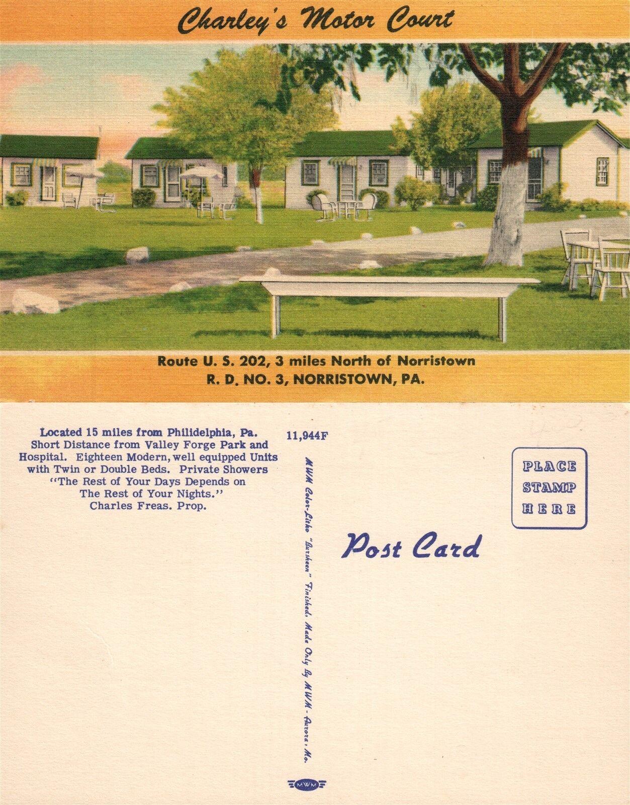 NORRISTOWN PA CHARLEY'S MOTOR COURT HOTEL VINTAGE POSTCARD