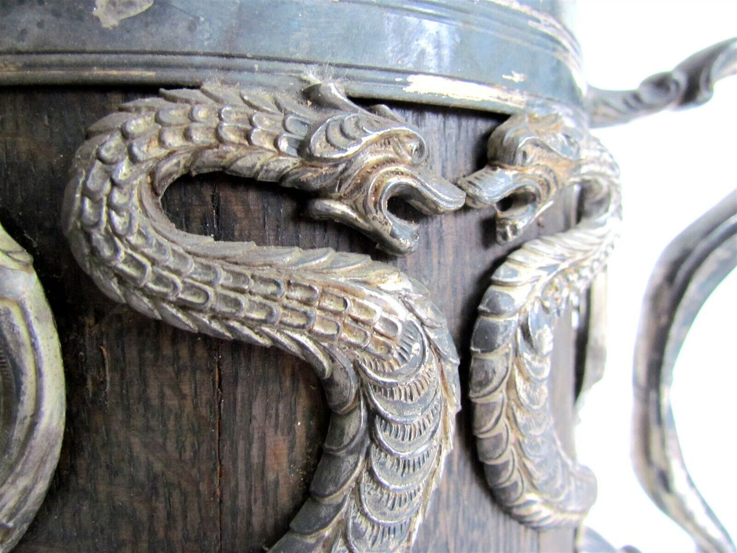 UNIQUE ANTIQUE TROPHY 3 HANDLES WOOD & SILVERPLATED VESSEL w/ SERPENTS DESIGN