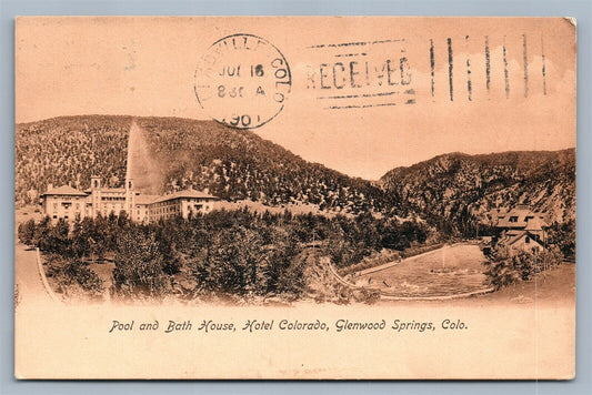 GLENWOOD SPRINGS CO HOTEL COLORADO SWIMMING POOL & BATH HOUSE ANTIQUE POSTCARD