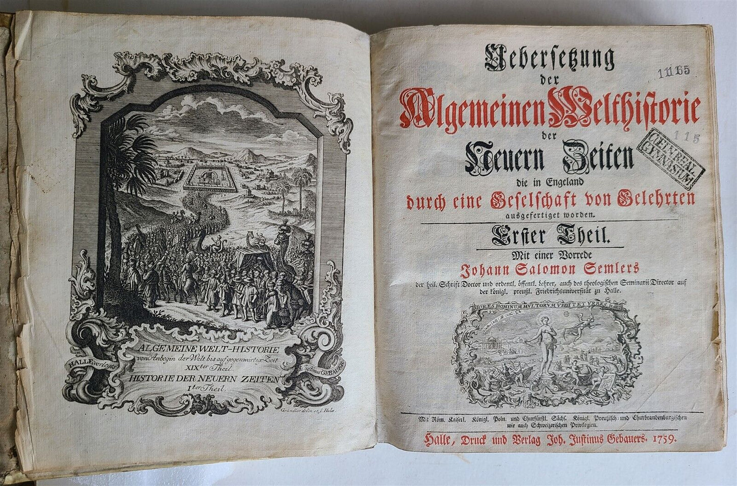 1759 HISTORY OF THE WORLD in GERMAN antique ILLUSTRATED w/ MAP of ARABIA vellum