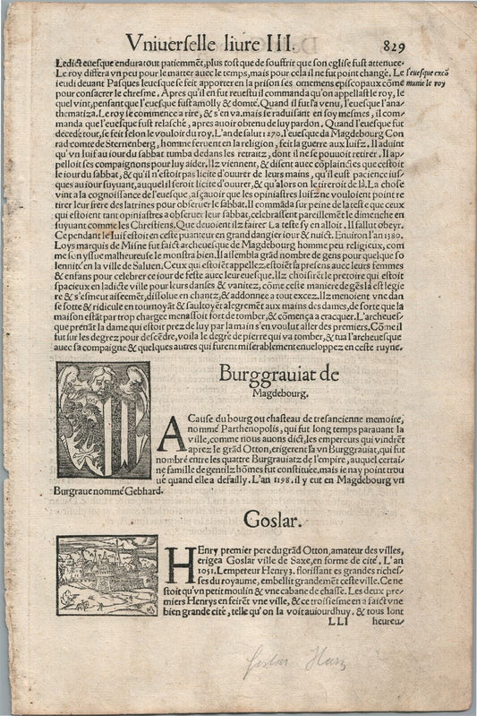 1575 GOSLAR MAGDEBOURG GERMANY from BELLEFOREST EDITION of MUNSTER COSMOGRAPHY