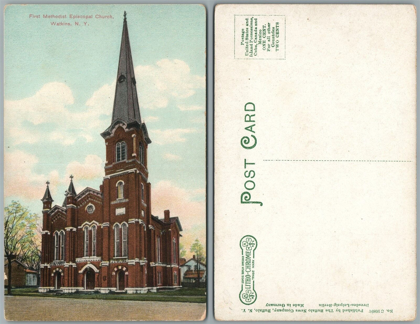 WATKINS N.Y. FIRST METHODIST EPISCOPAL CHURCH ANTIQUE POSTCARD