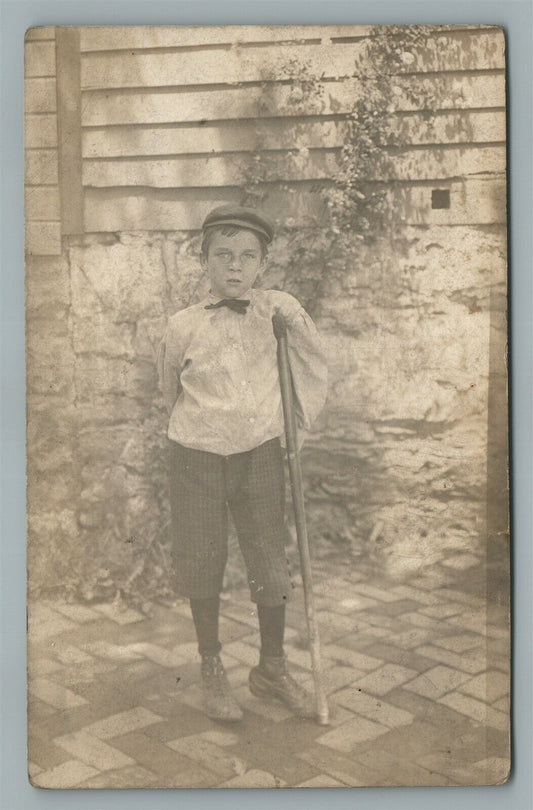 BOY w/ CRUTCH ANTIQUE REAL PHOTO POSTCARD RPPC