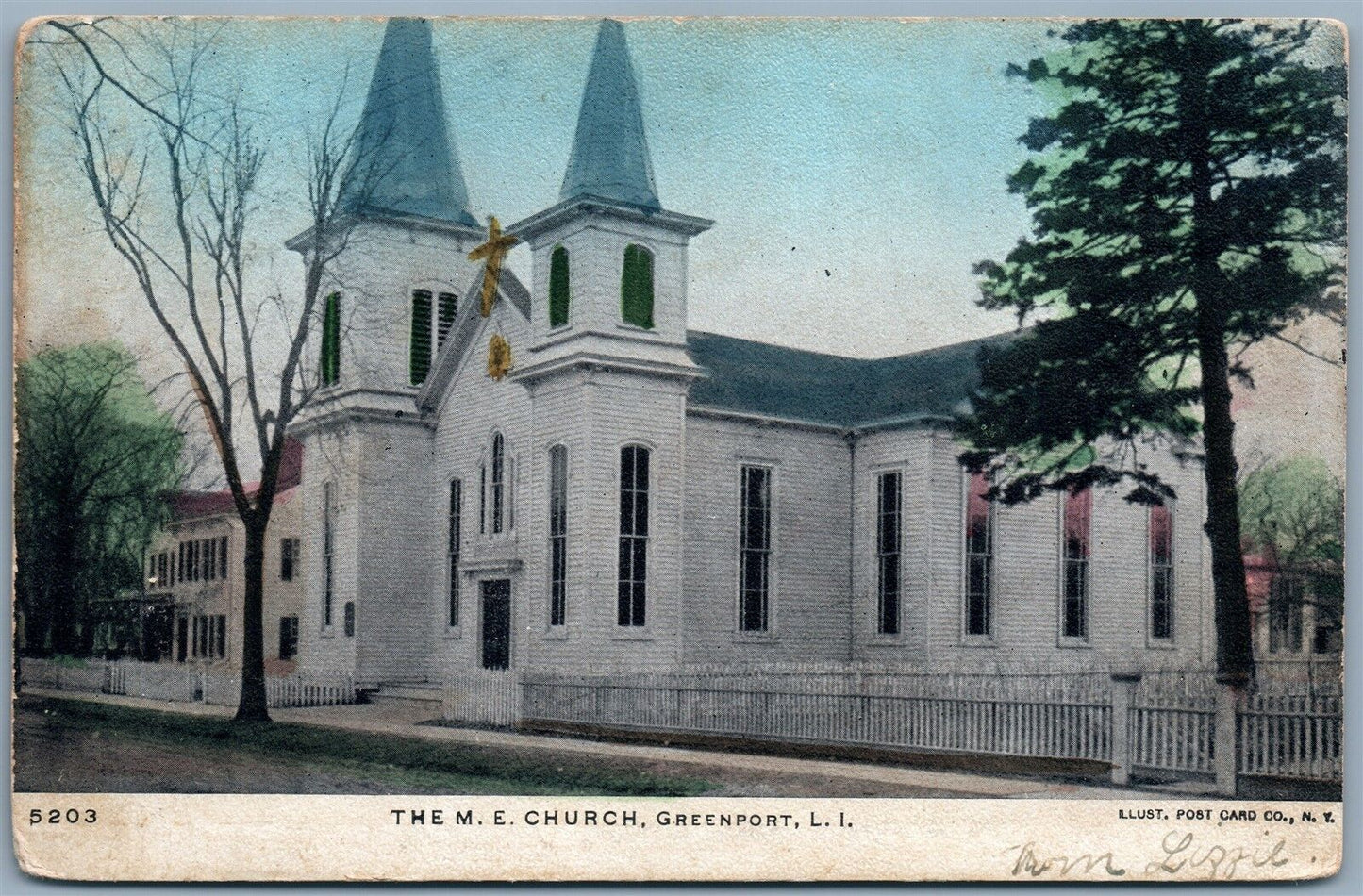 GREENPORT LONG ISLAND NY M.E.CHURCH UNDIVIDED 1910 ANTIQUE POSTCARD w/CORK STAMP
