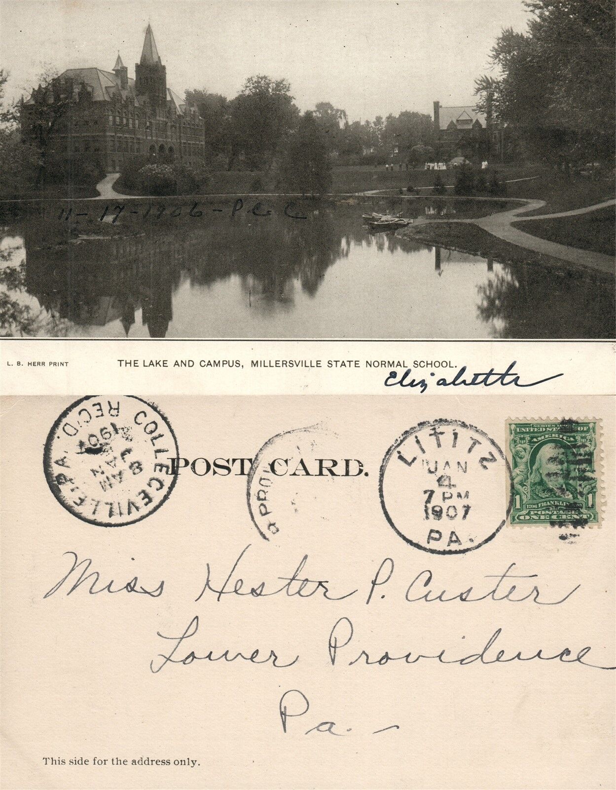 MILLERSVILLE STATE NORMAL SCHOOL LAKE & CAMPUS ANTIQUE 1907 POSTCARD CORK STAMP