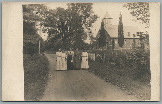 GROUP of GIRLS AT VILLAGE CHURCH ANTIQUE REAL PHOTO POSTCARD RPPC