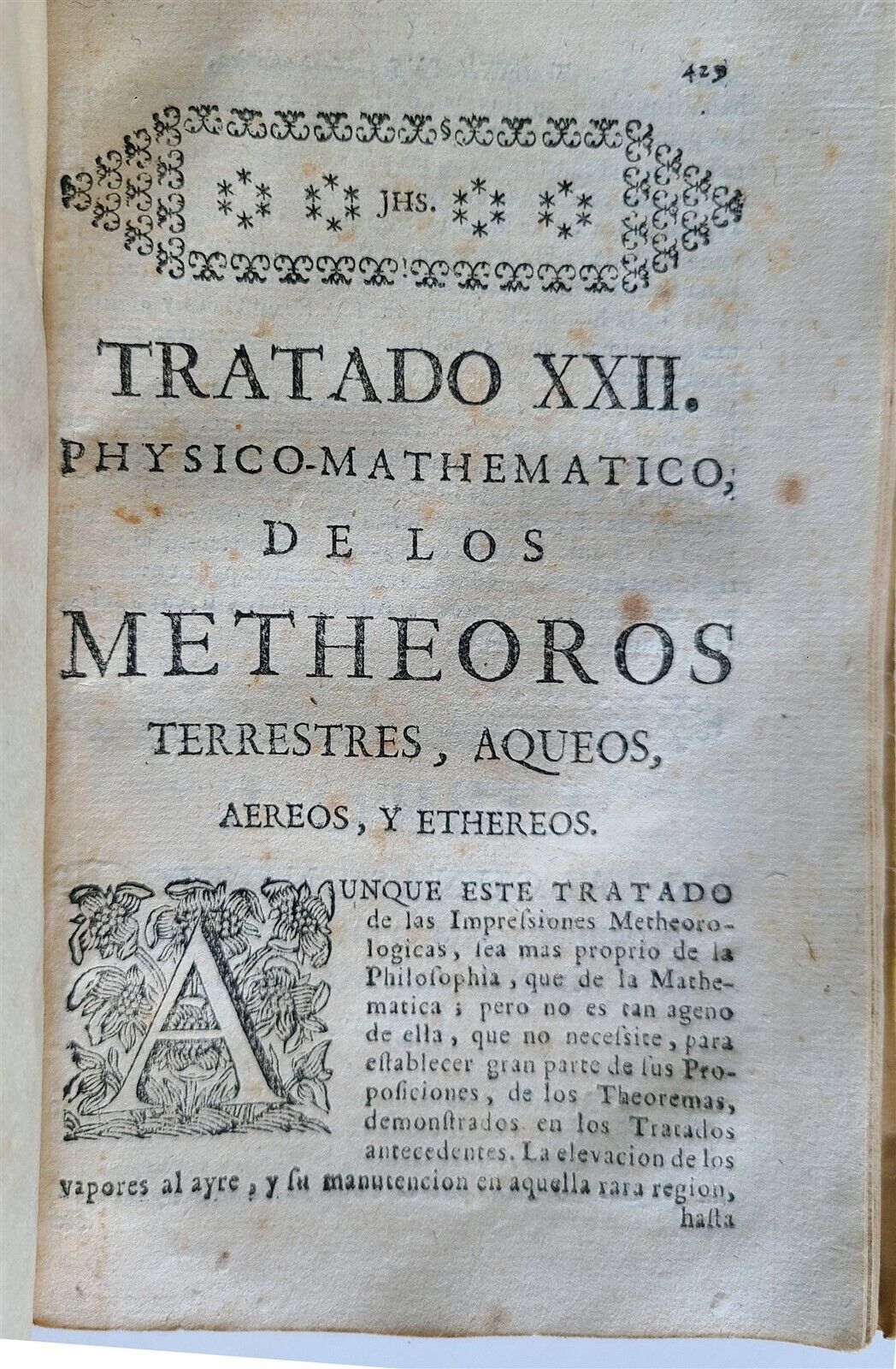 1727 MATHEMATICS in SPANISH Compendio mathematico antique METHEOROS OPTICA