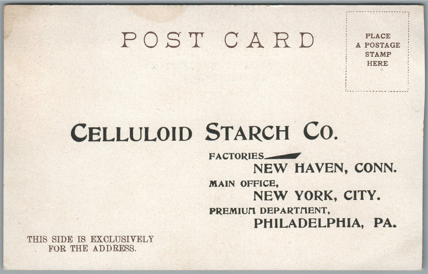 CELLULOID STARCH ADVERTISING PHILADELPHIA PA NEW HAVEN CT NYC ANTIQUE POSTCARD