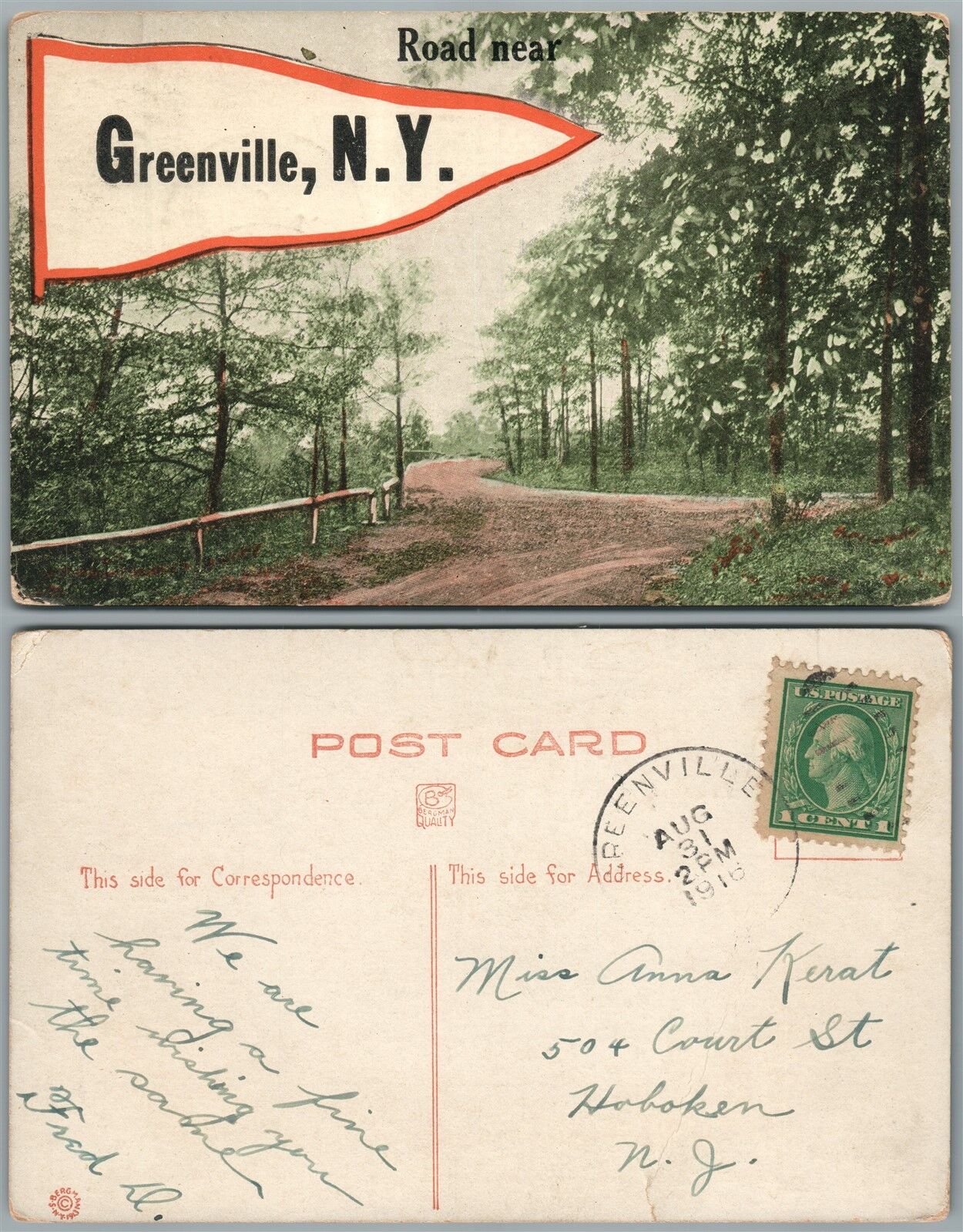 GREENVILLE N.Y. 1916 ANTIQUE POSTCARD