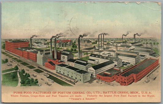 BATTLE CREEK MI PURE FOOD FACTORIES OF POSTUM CEREAL CO. ANTIQUE POSTCARD