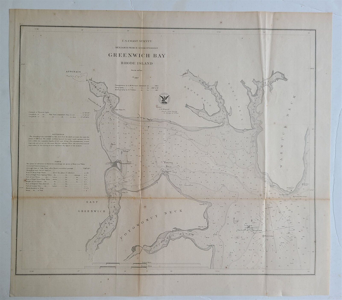 1867 CHART OF GREENWICH BAY RHODE ISLAND antique